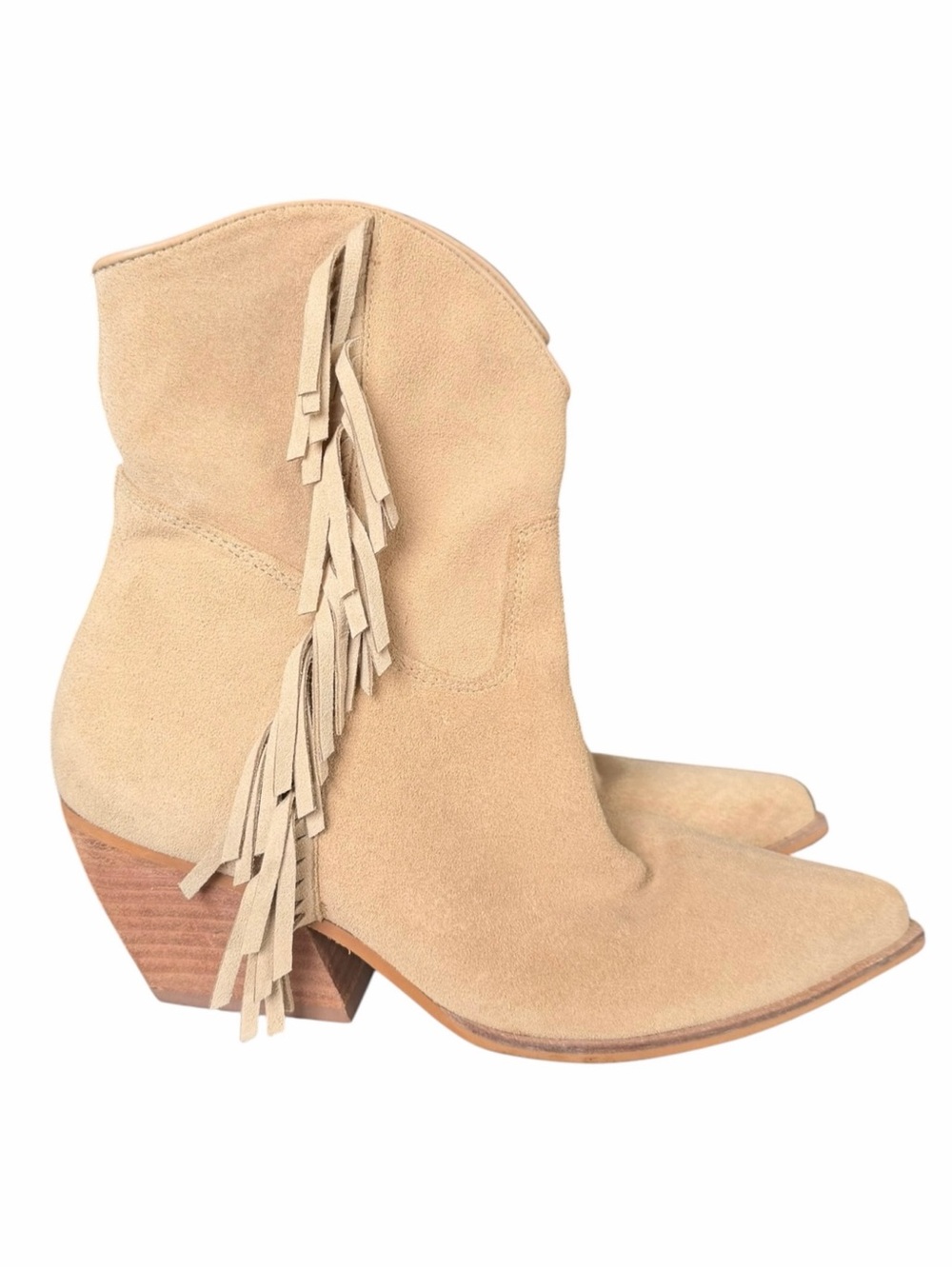 Steve Madden 8 Tan Suede Pointed Toe Western Fringe Ankle Heeled Boots Festival